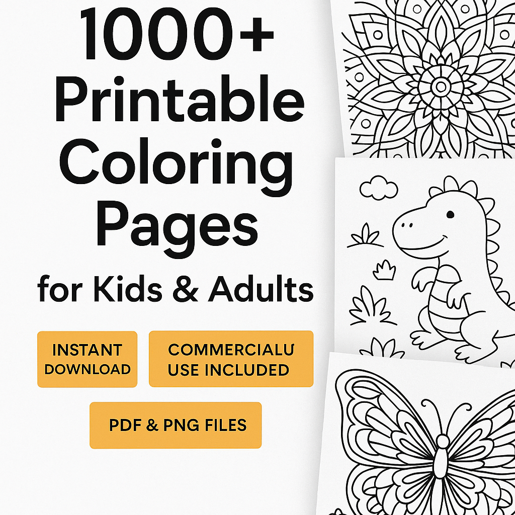 Printable Coloring Pages 1000+ | PLR Bundle for Kids & Adults | Commercial Use | Mandalas, Animals, Holidays