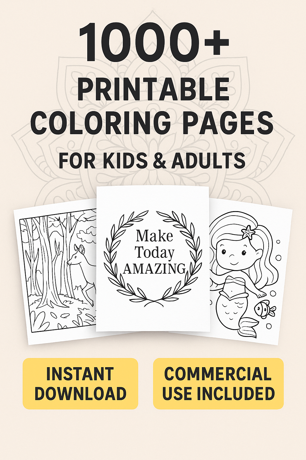 Printable Coloring Pages 1000+  | PLR Bundle for Kids & Adults | Commercial Use | Mandalas, Animals, Holidays