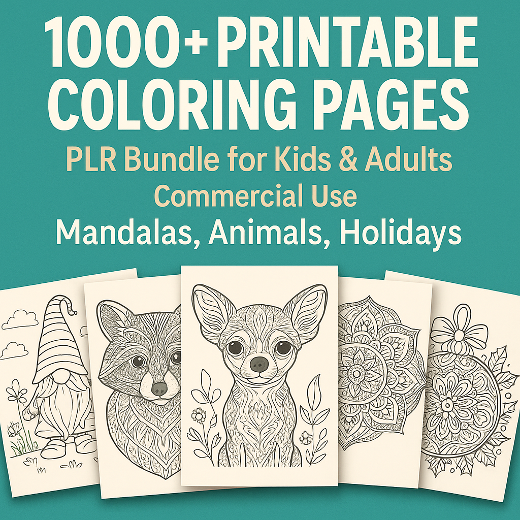 Printable Coloring Pages 1000+  | PLR Bundle for Kids & Adults | Commercial Use | Mandalas, Animals, Holidays